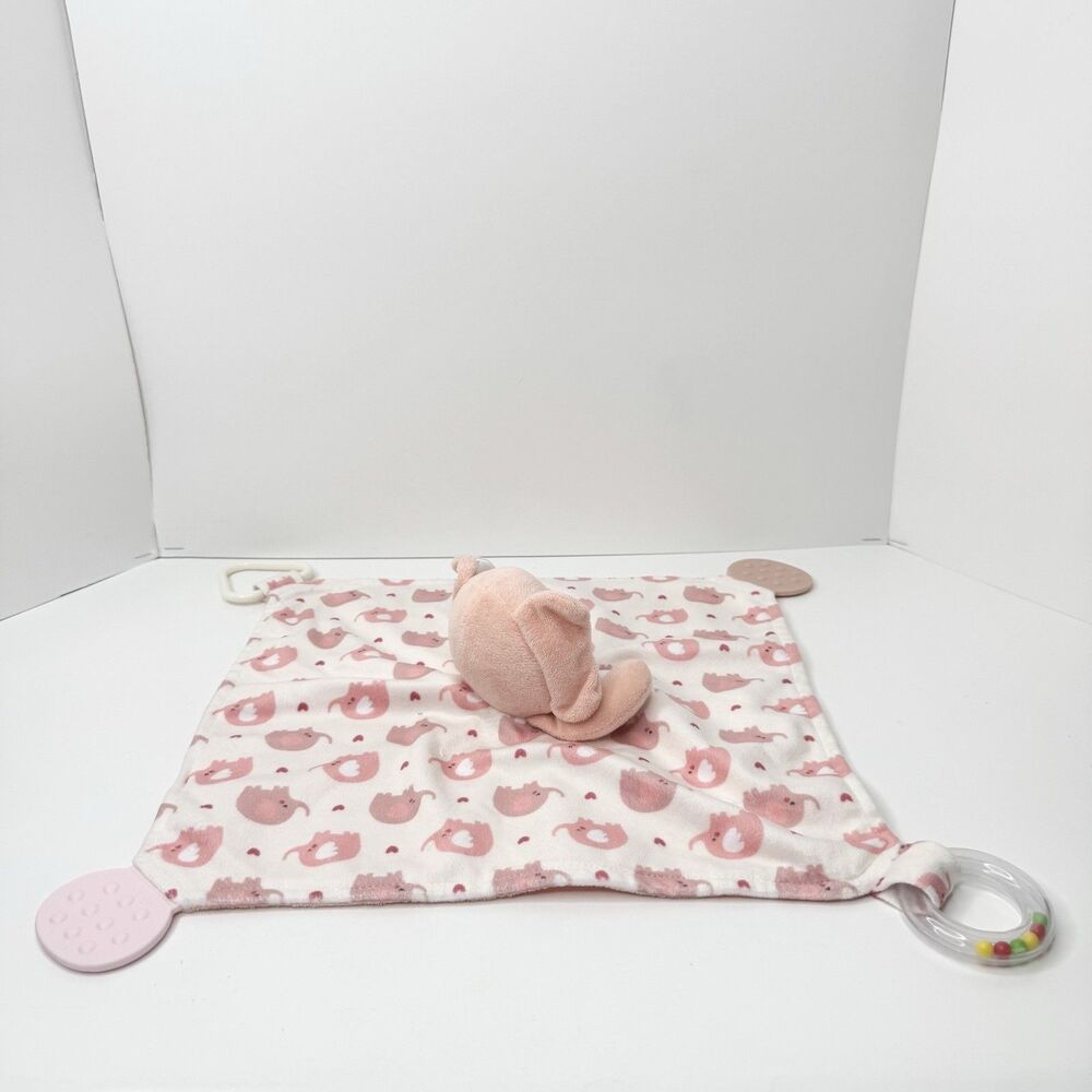 Modern Baby Pink Elephant Lovey Security Blanket Teether Plush Rattle Toy - Picture 5 of 8